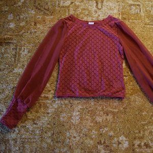 FREE PEOPLE Brick Red Sheer Long Sleeve Crew Neck Lace Blouse Top XS